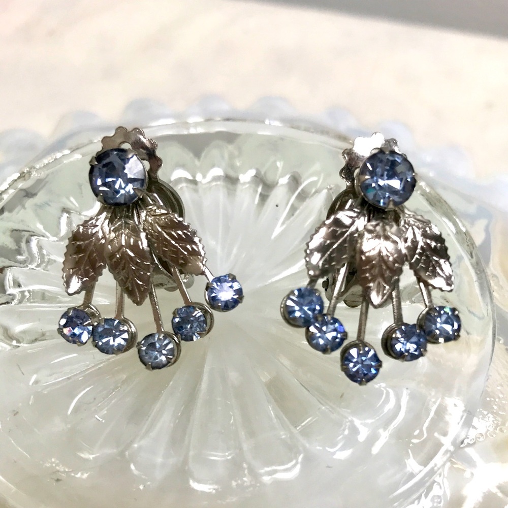 Vintage Blue Rhinestone Clip on Silver Earrings